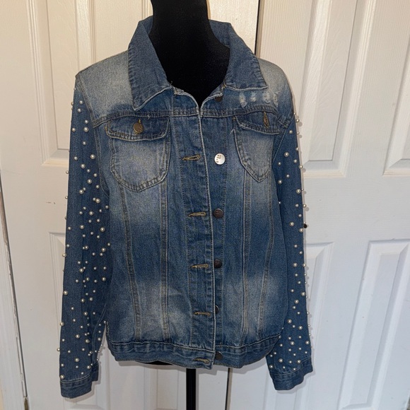 Between Us Jackets & Blazers - Pearl Studded Blue Denim Jacket